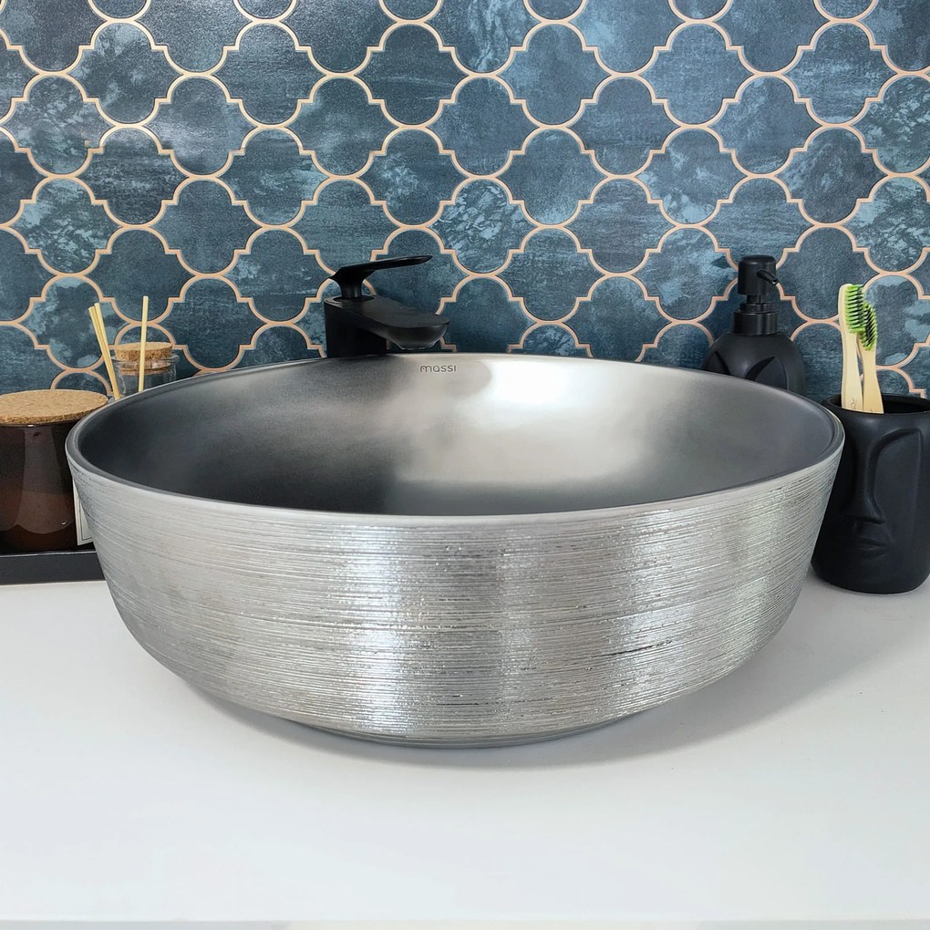 Umywalka ceramiczna nablatowa okrągła srebrna matowa ryflowana 42 cm MAVA SILVER cienki rant