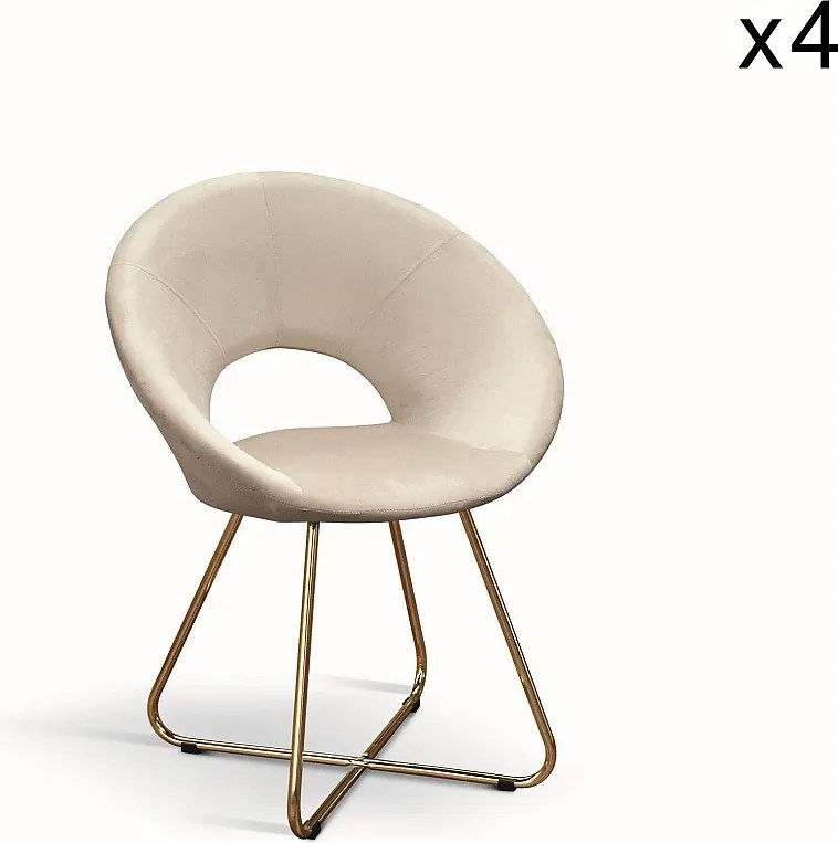 Zestaw 4 beżowych foteli z tkaniny z efektem aksamitu, złota metalowa podstawa - ZANTE