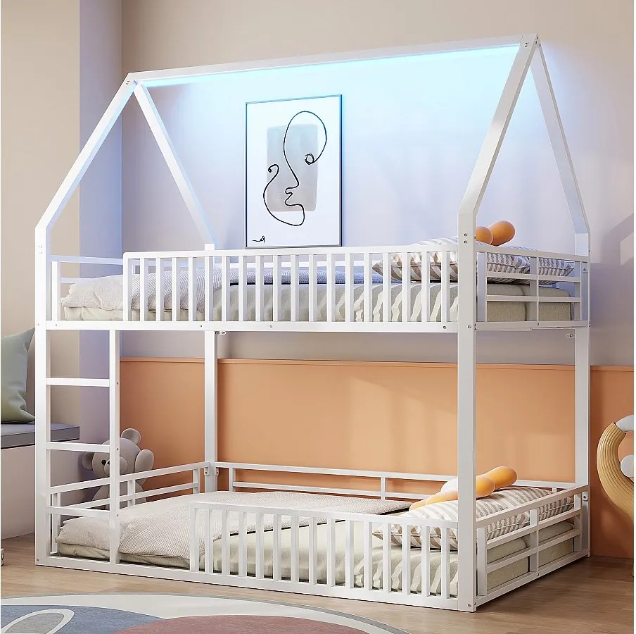 Łóżko piętrowe dla dzieci - 2 x 140 x 200 cm - z barierką + LED - Metalowe - białe