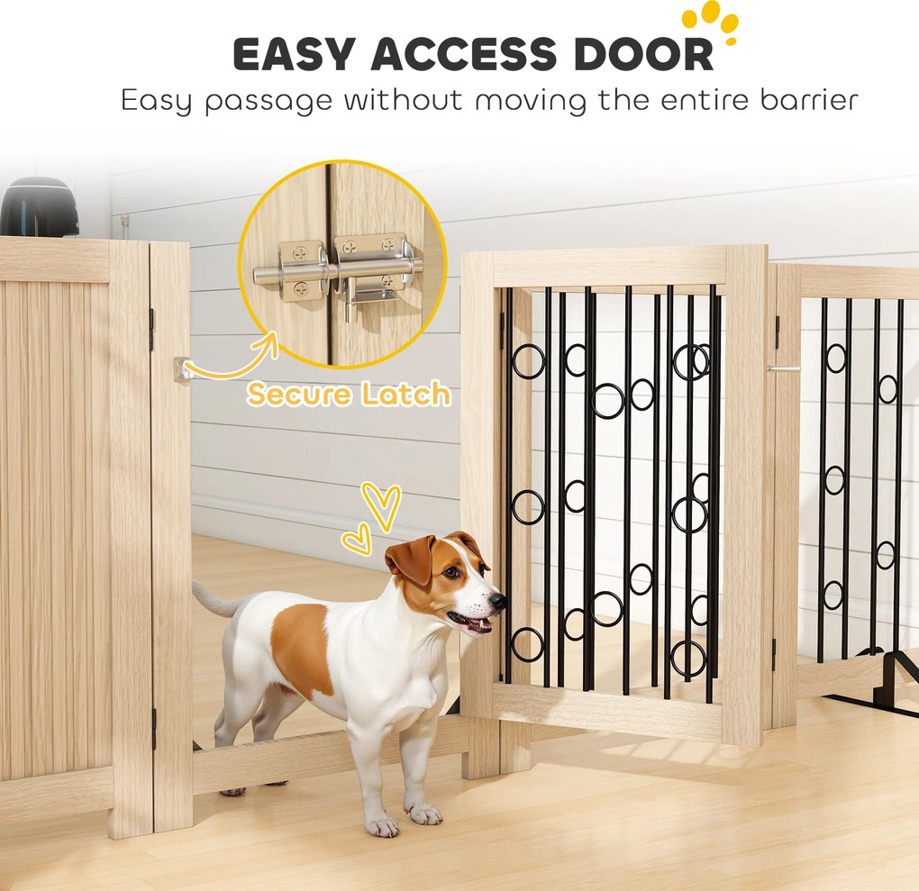 PawHut Wolnostojąca bramka dla zwierząt, bramka dla psa z drzwiami, 4 panele, do korytarza, schodów, ościeżnicy drzwiowej, MDF, stal | Aosom PL