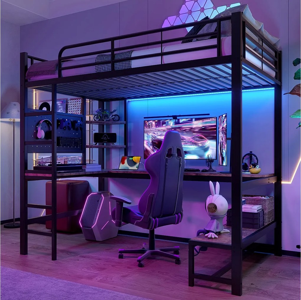 Łóżko piętrowe dla dzieci - 90 x 200 cm - rama żeliwna - z biurkiem + diody LED + USB + Type-C - metal + MDF - czarne