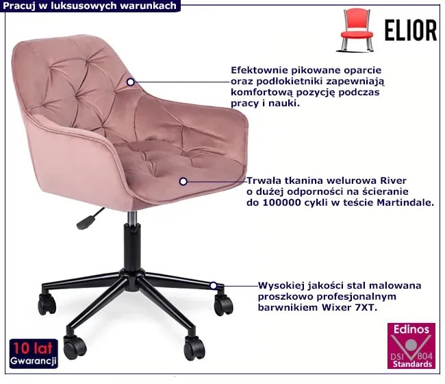 Różowy welurowy pikowany fotel obrotowy Etos