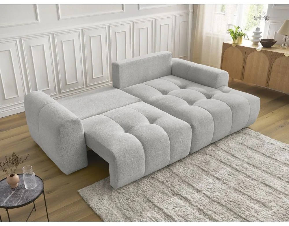 Jasnoszary rozkładany/ze schowkiem narożnik z tkaniny szenilowej (prawostronny/z szezlongiem) Roxelane – Bobochic Paris