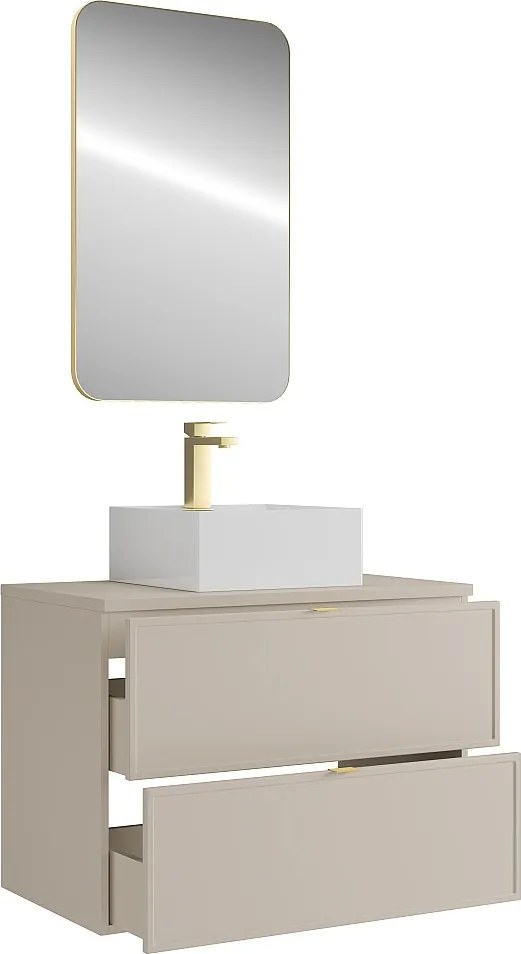 Wisząca szafka łazienkowa z kwadratową umywalką nablatową, baterią i lustrem – Beżowa – 80 cm – ONDIL