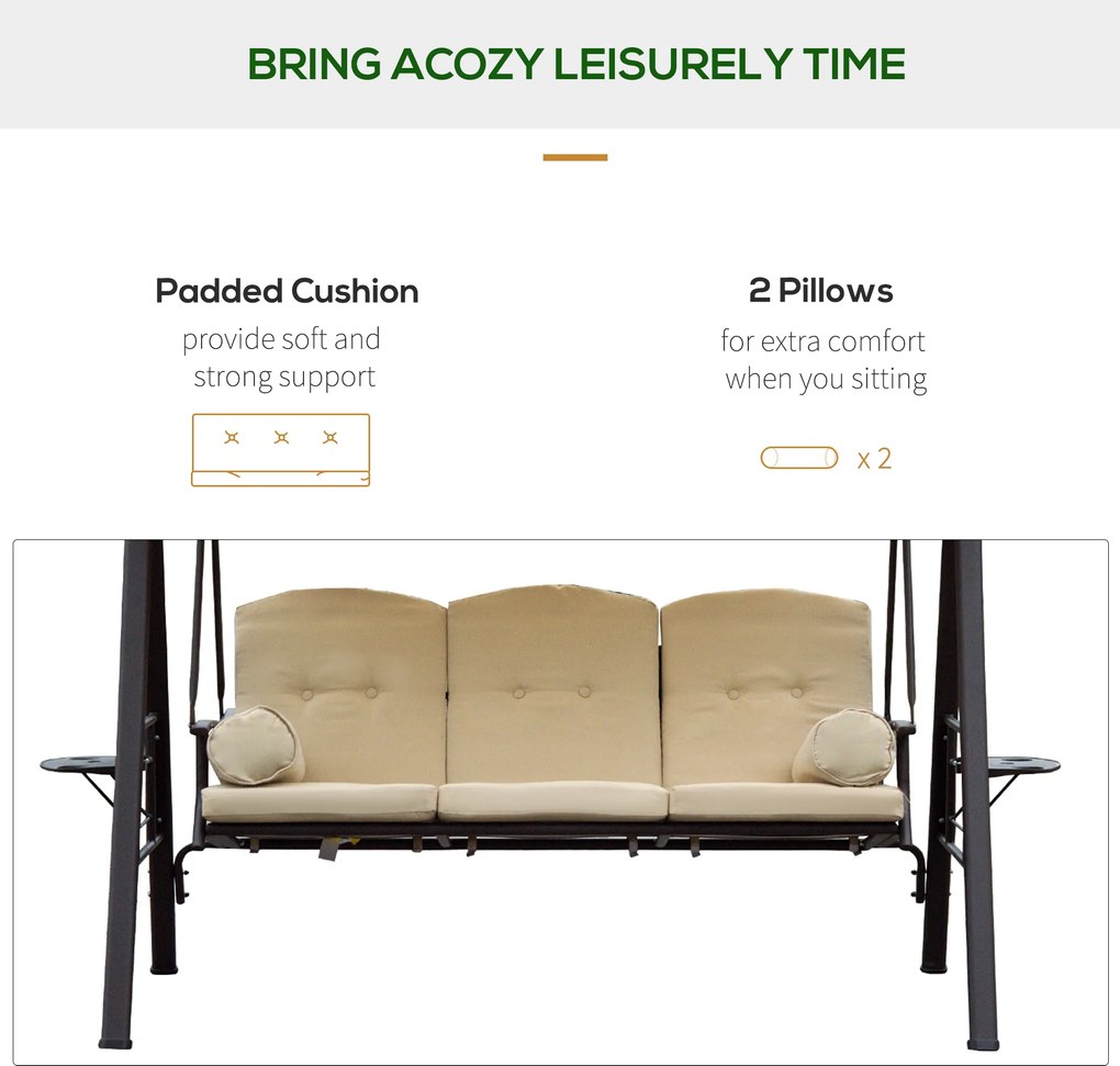 Huśtawka ogrodowa Outsunny 3-osobowa z dachem, beżowo-brązowa, 121×208×172 cm