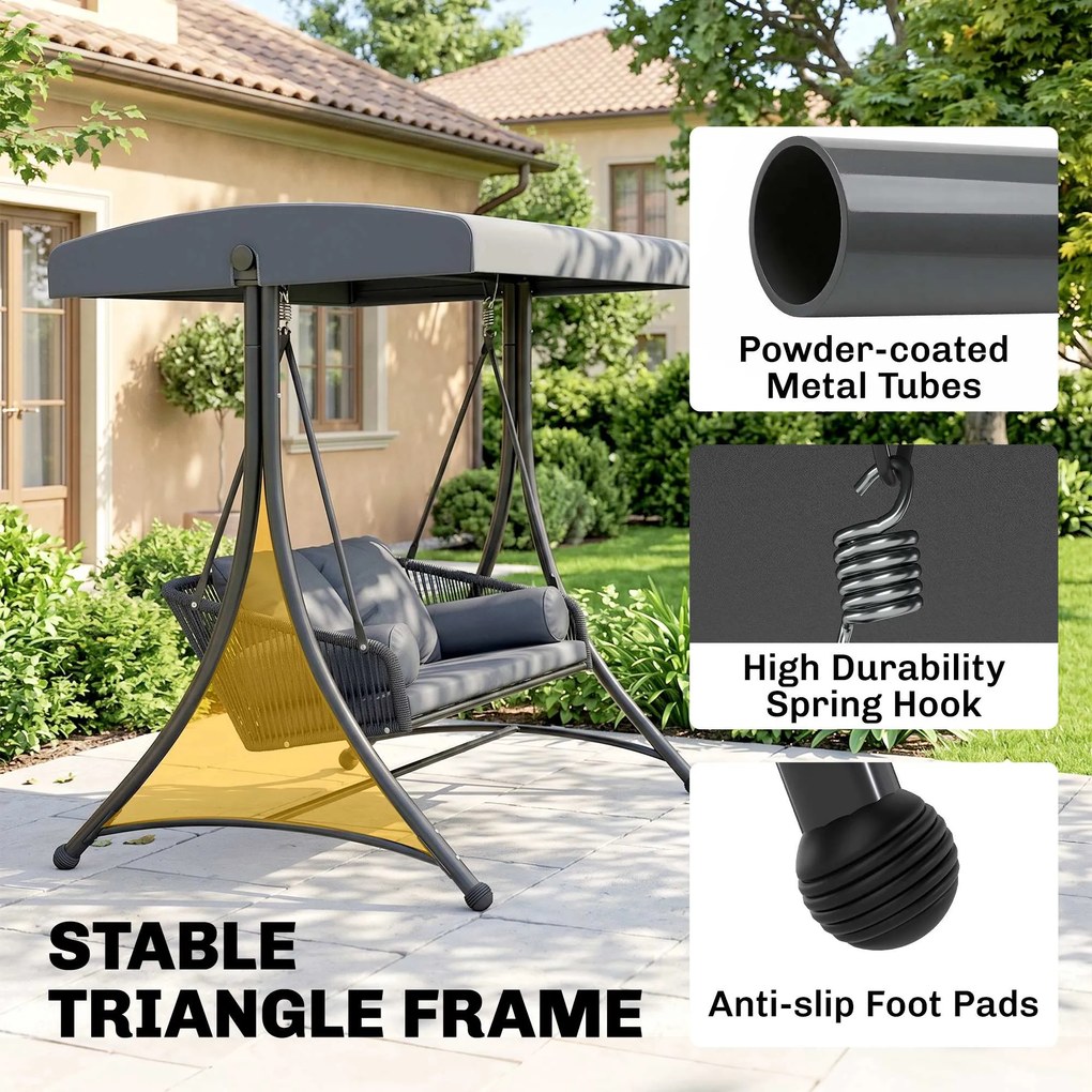 Outsunny Huśtawka Ogrodowa Rattan 2-osobowa z Regulowanym Daszkiem, Miękkimi Poduszkami, Ciemnoszara | Aosom PL