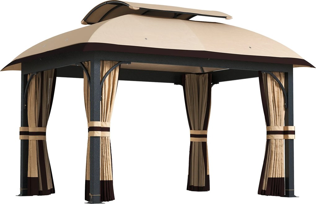 Outsunny Pawilon ogrodowy, 3,3 x 4 m namiot ogrodowy z siatkowanymi zasłonami, dwupoziomowy dach, pokrycie z ekoskóry, metalowy stelaż, Khaki | Aosom PL