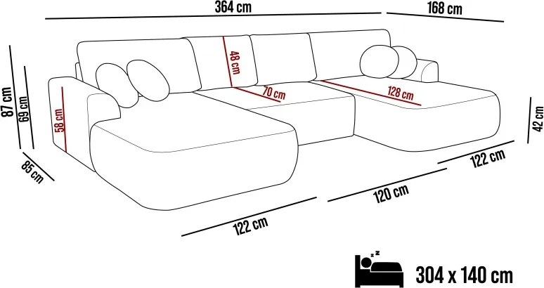 Narożnik VELO XL wolnostojący układ U z funkcją spania w tkaninie Coral 60 DomoHome
