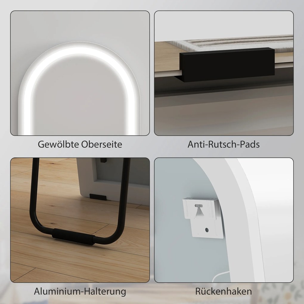 HOMCOM Lustro całopostaciowe z lampami LED, 150 x 40 cm, łukowe, ściemnialne, 3 kolory światła, wolnostojące lub do montażu na ścianie, biały