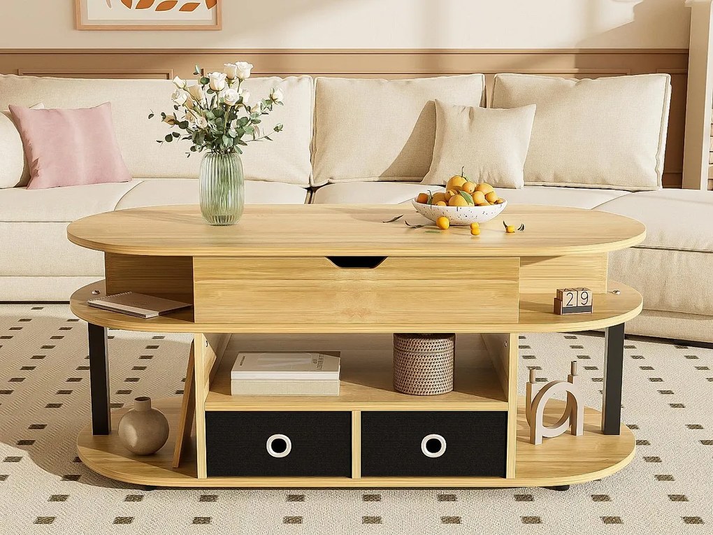 Nowoczesny stół kawowy 105x50x60cm - Funkcja podnoszenia - 2 szuflady - Wiele przegród do przechowywania - Naturalny + czarny