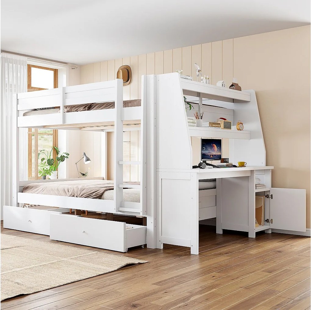 Łóżko piętrowe dla dzieci 140 x 200 cm z odwracalną szafą, biurkiem, półkami i 2 szufladami - Sosna + metal + MDF - Białe (Materac nie jest wliczony w cenę)