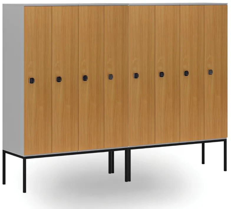 Drewniana szafa ubraniowa S4 z podstawą, 4-drzwiowa, 1871 x 1200 x 500 mm, demontaż, zamek kodowy, szary/czerwony