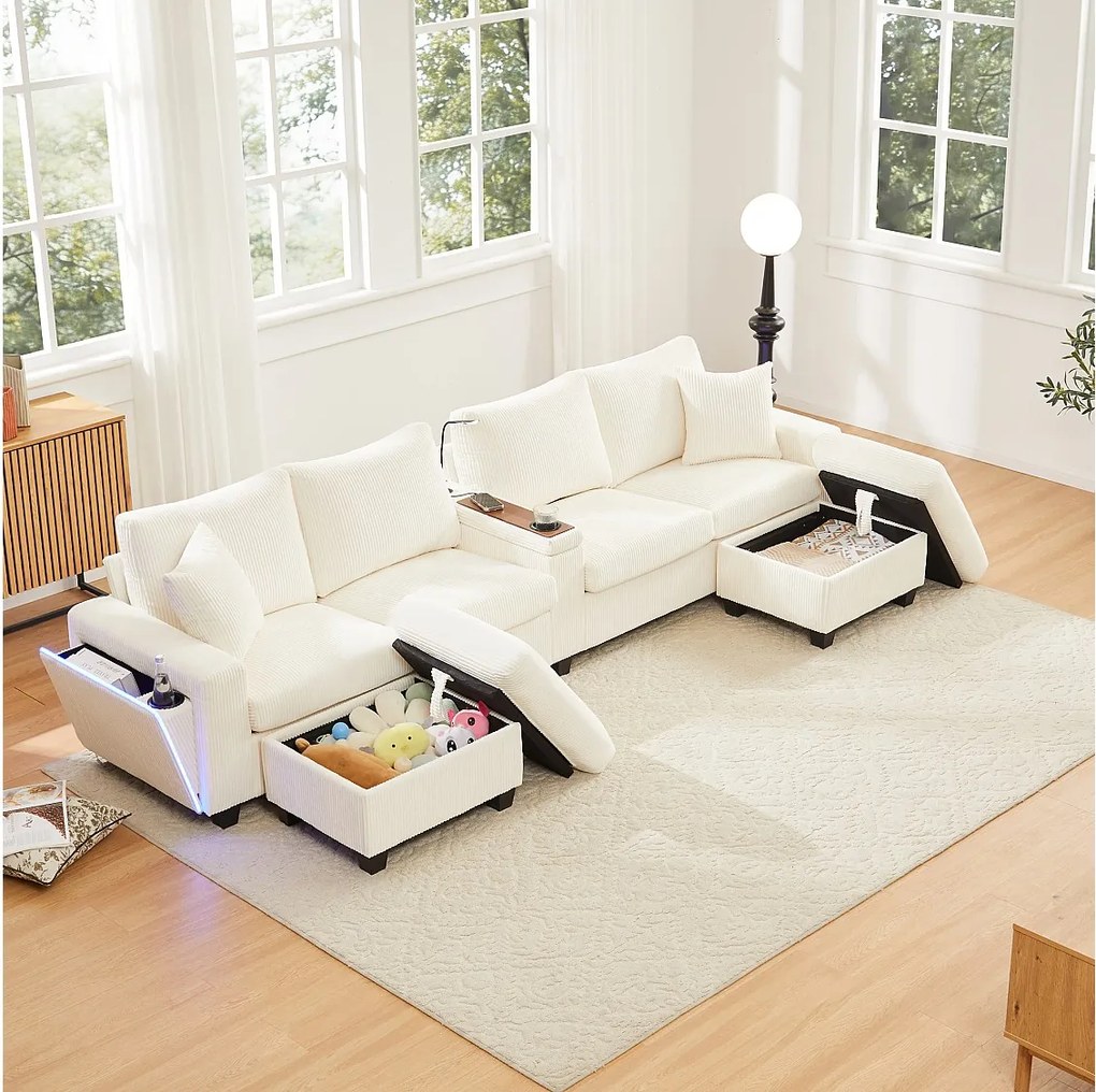 Sofa w kształcie litery U - 334 x 128,5 x 81 cm - z 2 stołkami + lampka do czytania + schowek + USB + diody LED - aksamitna - beżowa