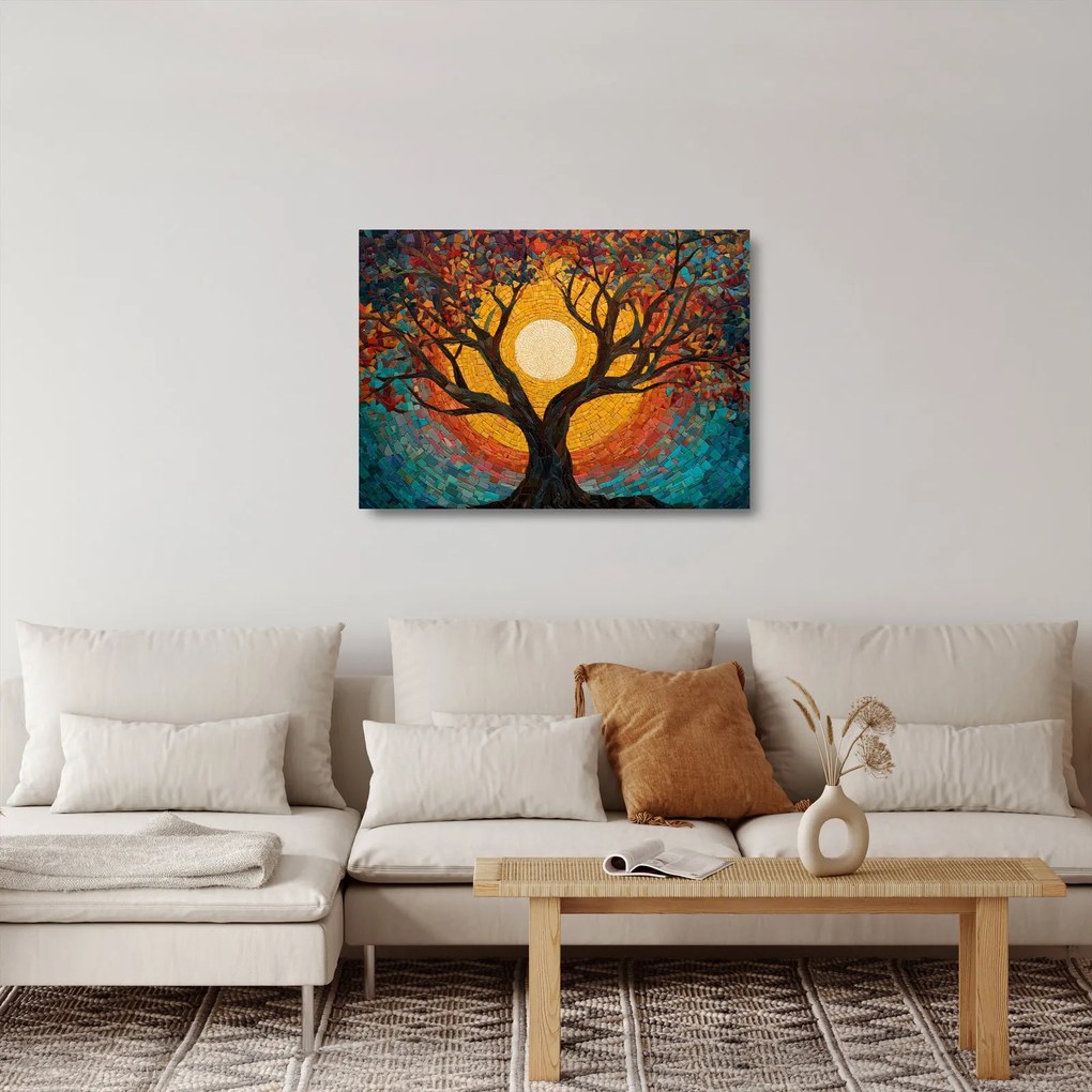 Obraz na szkle - Słońce w koronie drzewa życia (70x50 cm)
