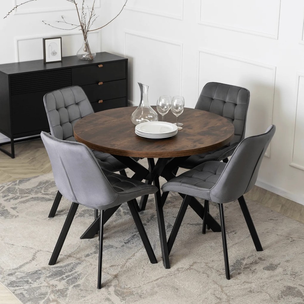 Zestaw Stół Okrągły Rozkładany LUKAS 100-250 cm Dąb Rustykalny/Czarny i 4 Krzesła Tapicerowane RICK Szare Welurowe Nowoczesne