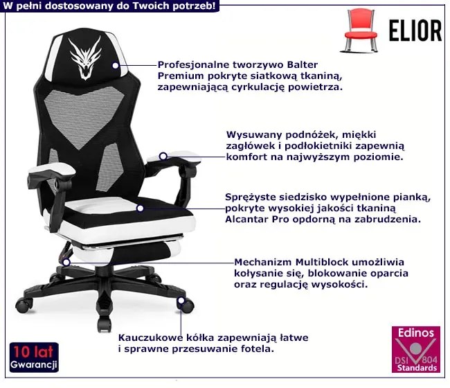 Biało-czarny ergonomiczny fotel obrotowy - Trexol
