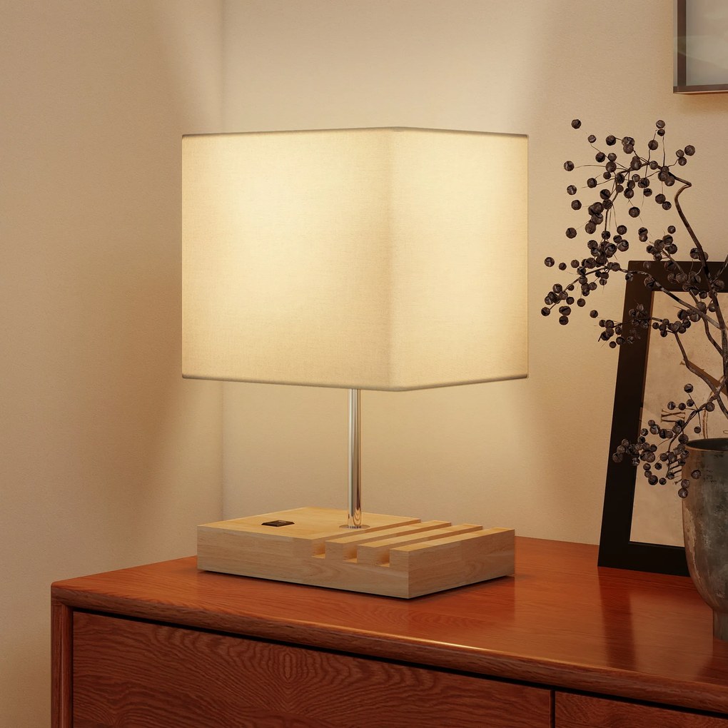 HOMCOM Lampka nocna, złącza USB, drewno, tkanina, przełącznik kołyskowy, przegródki, biały