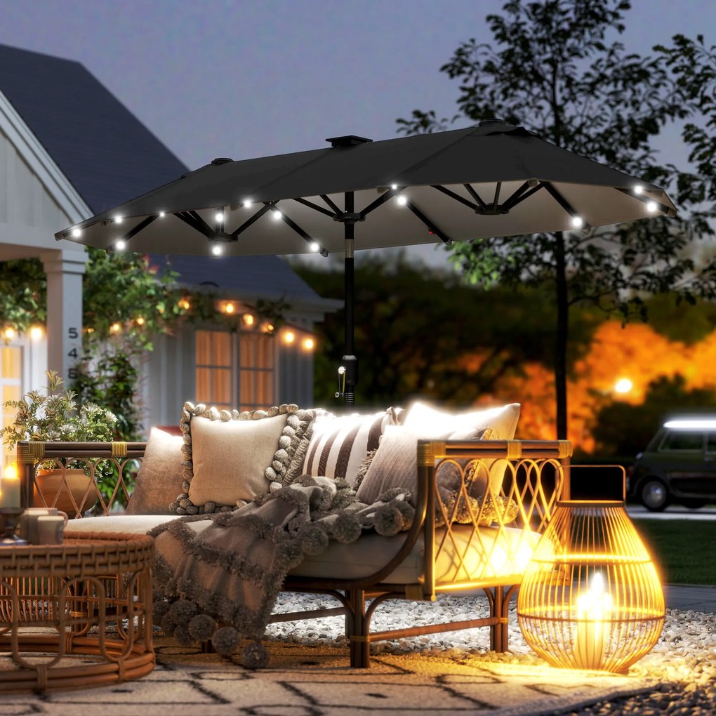 Outsunny Podwójny Parasol Tarasowy, Regulowany, z Panelem Słonecznym, 35 LED, Stalowa Rama, Szary, 2,95 x 1,50 x 2,19 m