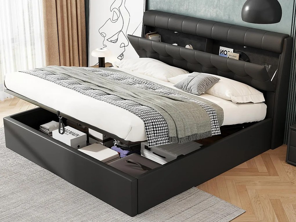 Łóżko 180x200 cm - z ekoskóry - wezgłowie z miejscem do przechowywania - Czarne