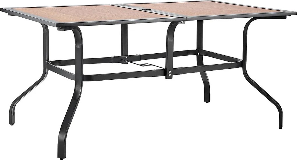 Stół do Jadalni SucceBuy na Taras Zewnętrzny, 150.5 cm, Prostokątny Stół Bistro ze Stali Imitującej Drewno, z Otworem na Parasol 3.8 cm, Brązowy I Czarny