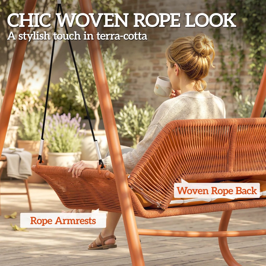 Outsunny Huśtawka ogrodowa, huśtawka z poduszkami, z ramą, do ogrodu, na balkon, 174 x 120 x 162 cm, metal, terakota | Aosom PL