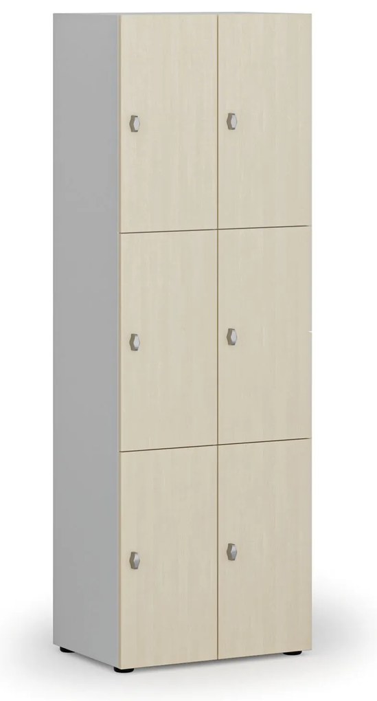 Drewniana szafka skrytkowa S4, 6 schowków, demontaż, zamek obrotowy, szary/brzoza