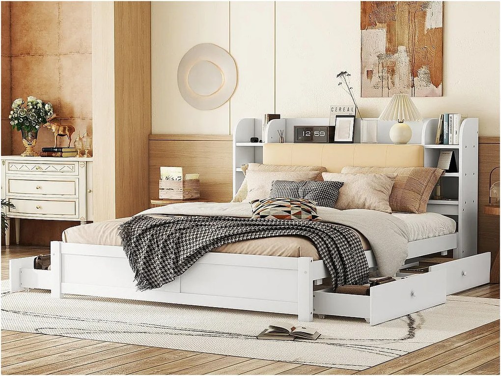 Łóżko podwójne 180x200cm - 4 szuflady - schowki na wezgłowiu - Białe