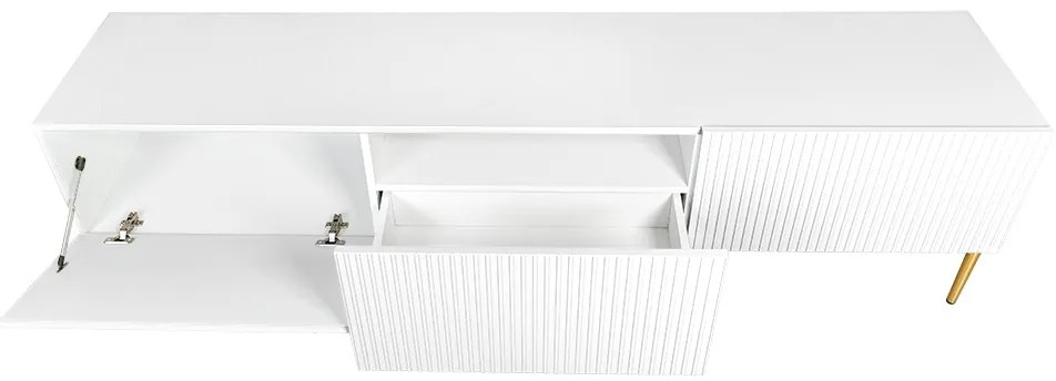 Szafka RTV Nicole 200 cm na metalowych nogach z szufladą - biały mat / złote nóżki