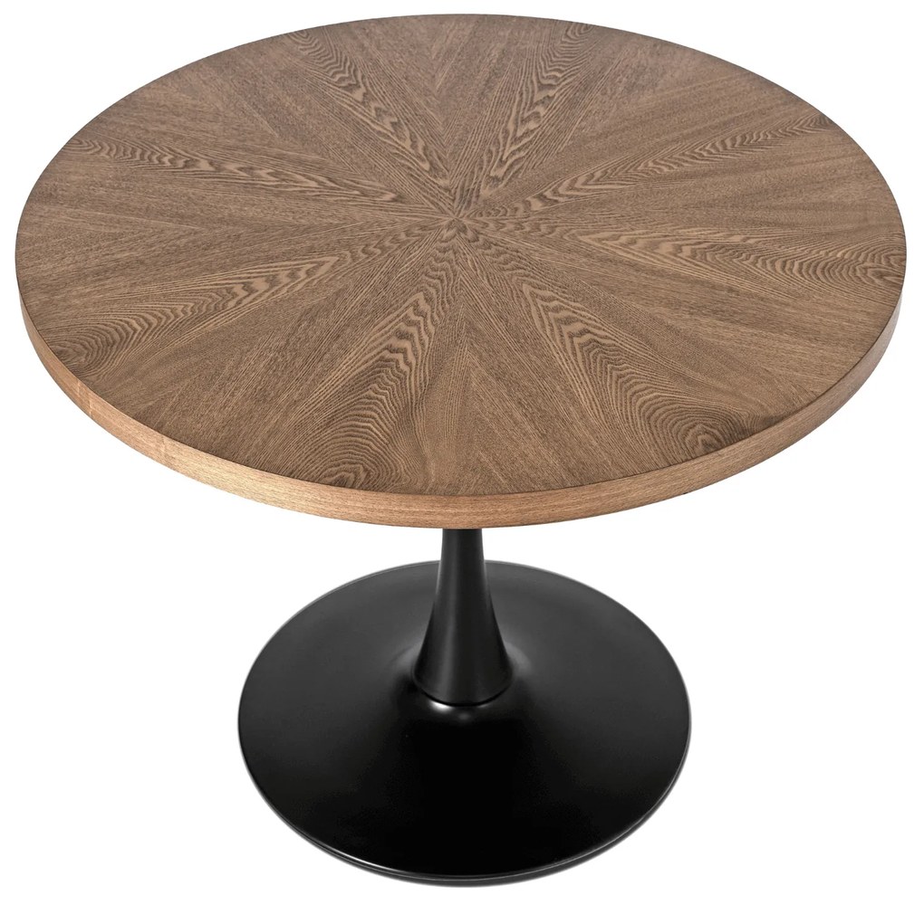 Zestaw Stół Okrągły LINO 100 cm Orzech/Czarny i 4 Krzesła Tapicerowane do Salonu CORK Czarne Welurowe Nowoczesne Loft