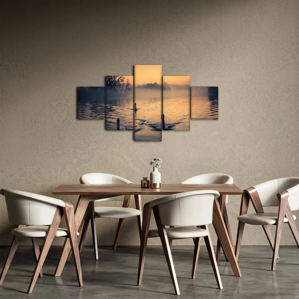 Obraz łabędzi na wodzie we mgle (125x70 cm)