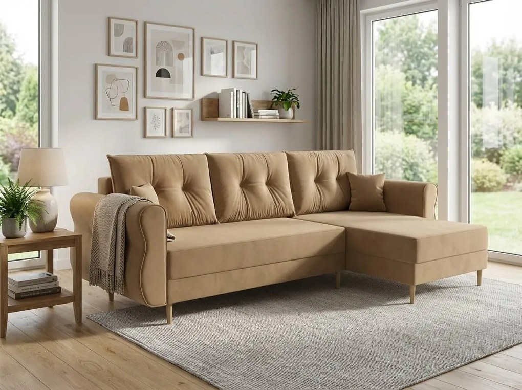 Rozkładana dwustronna sofa w kształcie L SILVIANO 230x140 cm, beżowa