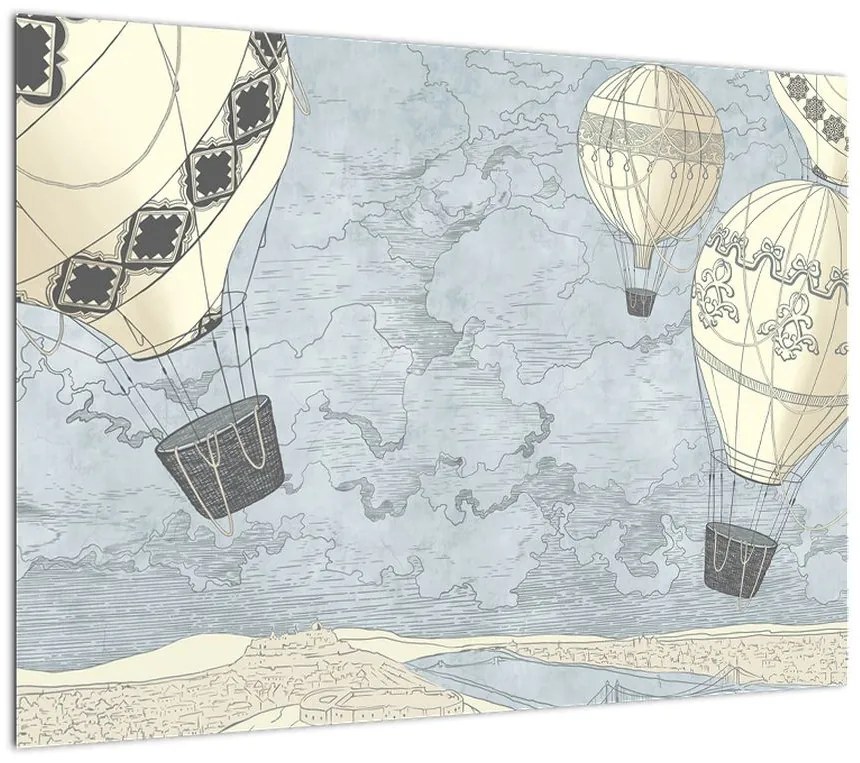 Obraz - Balony nad miastem, zimne odcienie (70x50 cm)