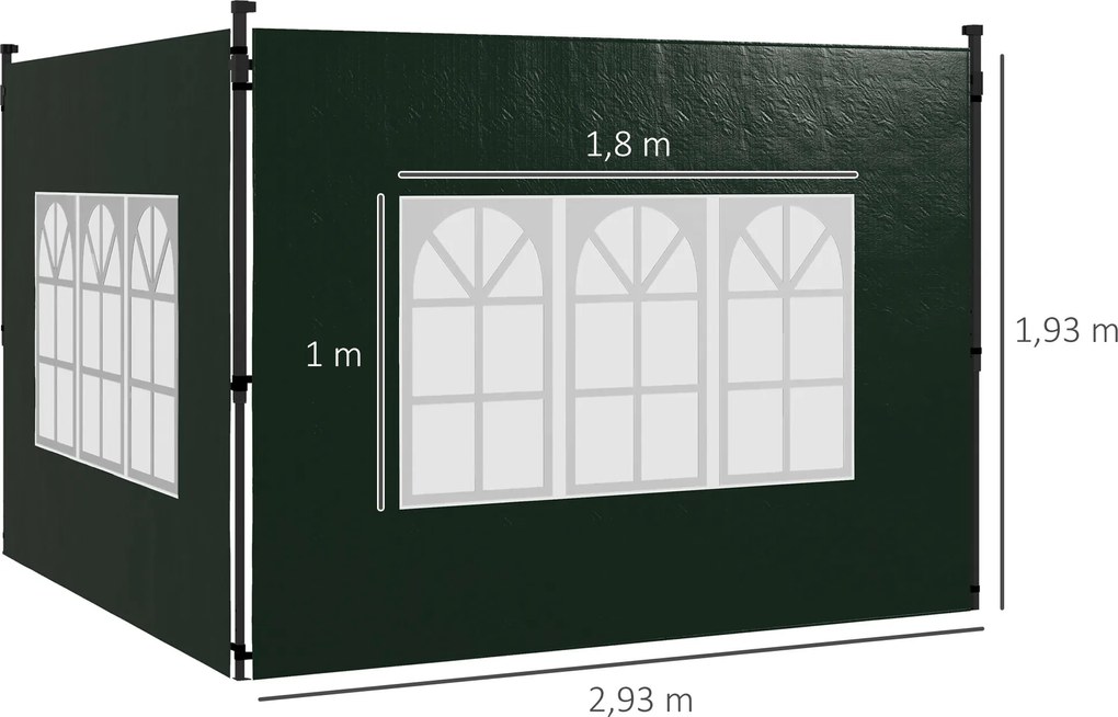 Outsunny Zestaw 2 Ścian Boczne do Pawilonu 3x3 3x6 Wodoodporne Ściany z Oknami, Ciemnozielone | Aosom PL