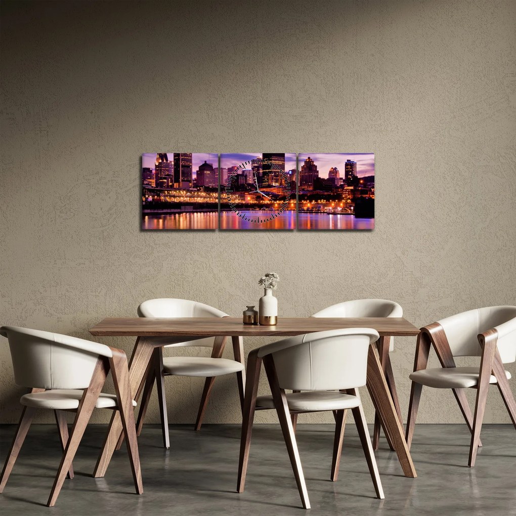 Obraz miasta nocą (z zegarem) (90x30 cm)
