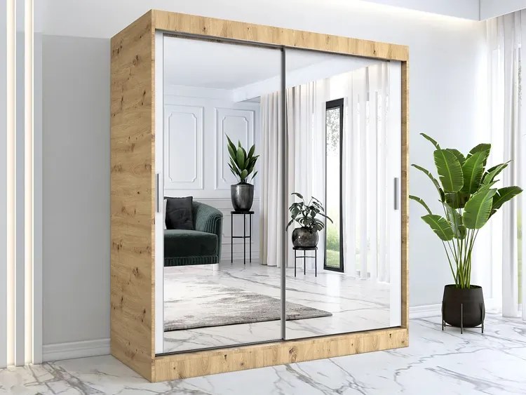 Szafa przesuwna z lustrem 180 cm dąb artisan + biały - Kukkin 5X