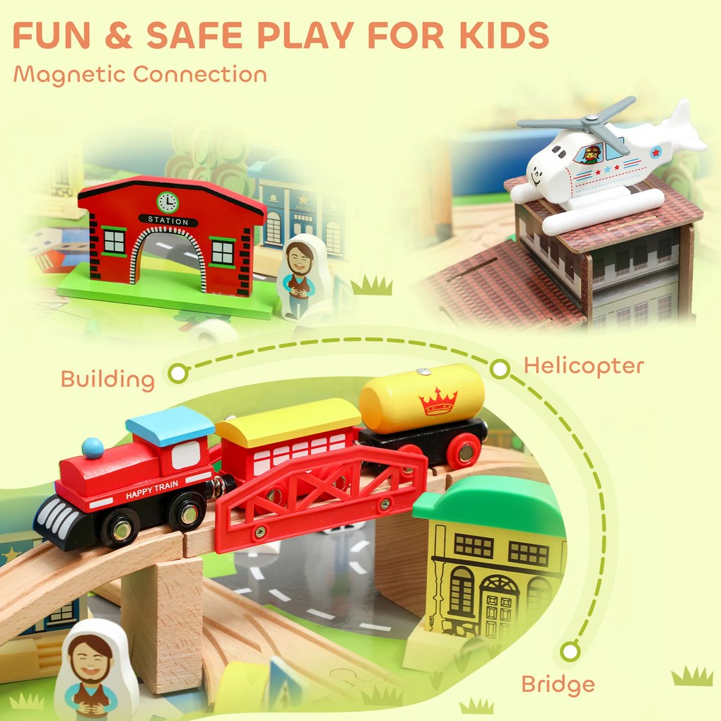 AIYAPLAY Stolik do zabawy, 108-elementowy zestaw kolejowy z drewna, z odłączaną płytą, stolik kolejowy, 98x60,5x40 cm, niebieski