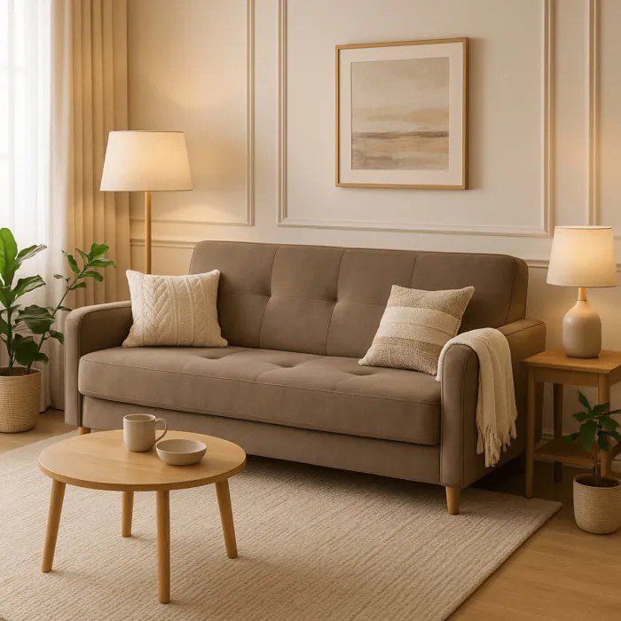 Sofa z Funkcją Spania CUBA Rozkładana Wersalka Dwuosobowa Beżowa Nowoczesna do Salonu