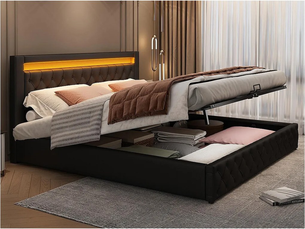 Łóżko z tapicerowanym zagłówkiem z ekoskóry z LED - 160x200cm - z stelażem na listwach - Czarny