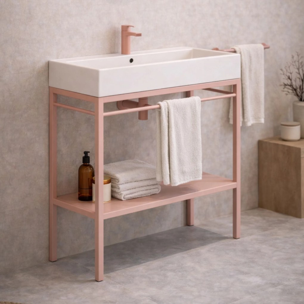 Zestaw umywalka z konglomeratu NAVI 70 x 45 cm + stojąca konsola NAVI Step | Różne kolory | Różne rozmiary : Kolor - Różowy, Otwory na baterię - Dwa otwory, Rozmiar - 100 x 45 cm