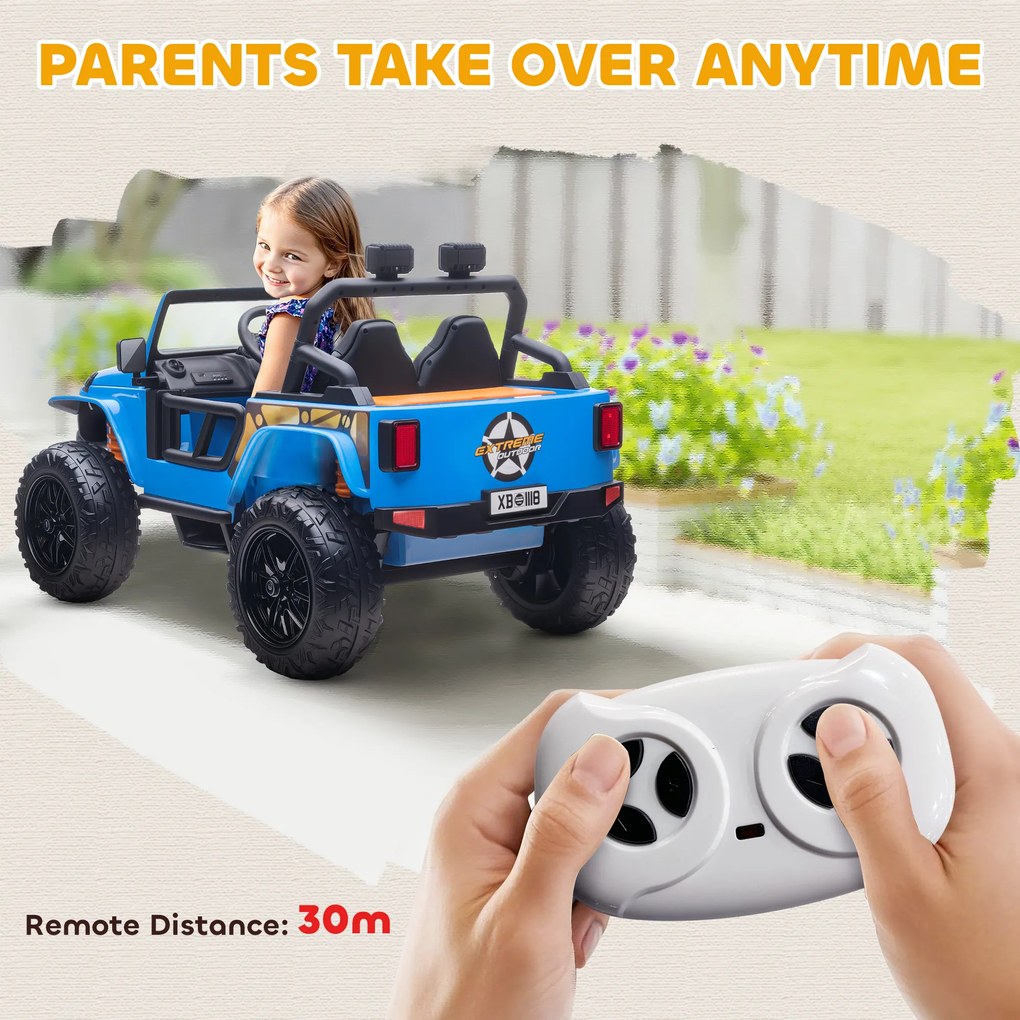 AIYAPLAY Pojazd elektryczny dla dzieci, akumulator 12V, z fotelem rodzic-dziecko, zdalnie sterowany, muzyka, klakson, światła LED, 3-8 lat, niebieski