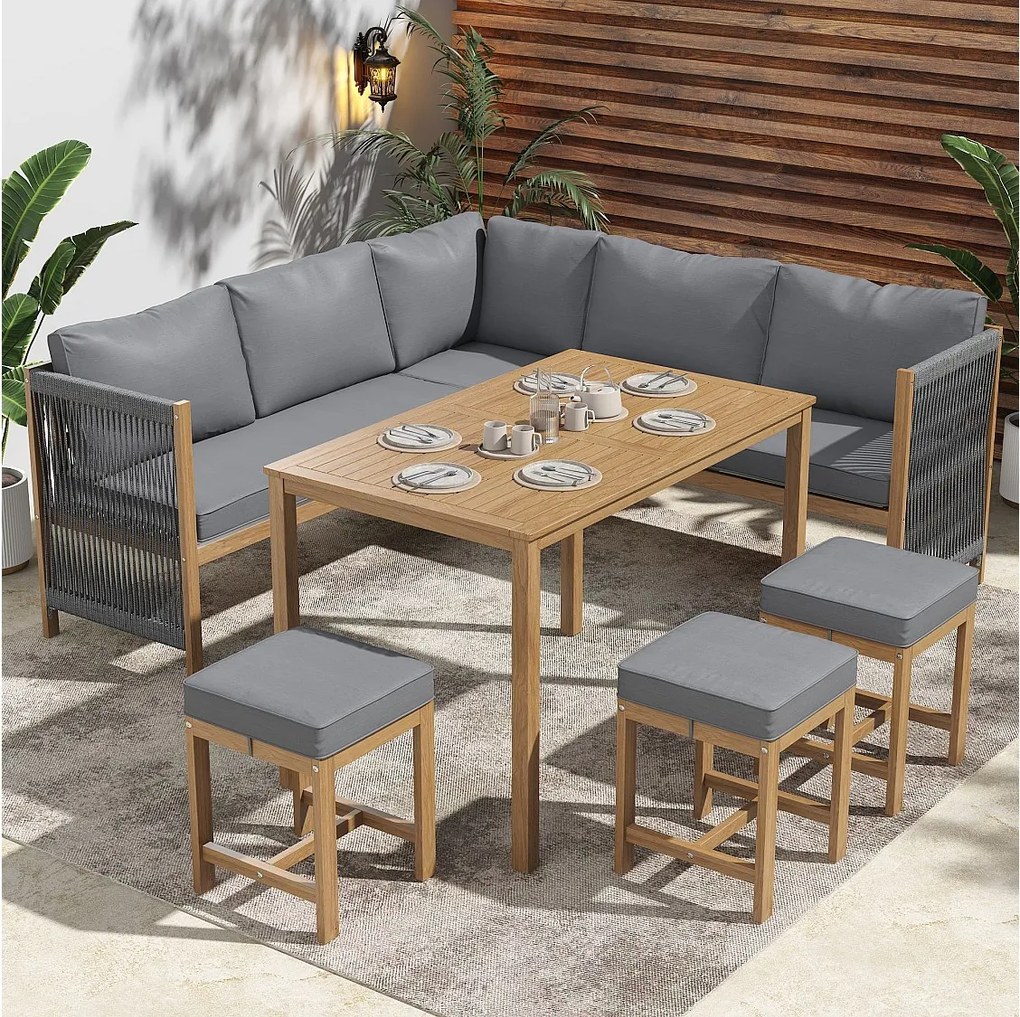 Zestaw mebli ogrodowych modułowych z drewna akacjowego: 1 sofa 3-osobowa + 1 sofa 2-osobowa + 3 stołki + 1 stół - Szary + naturalny