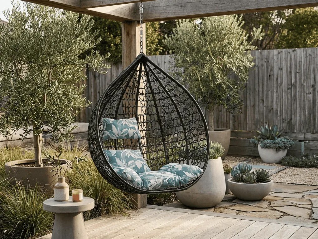 Czarny wiszący fotel KOKON bez stojaka, zielono-biała poduszka