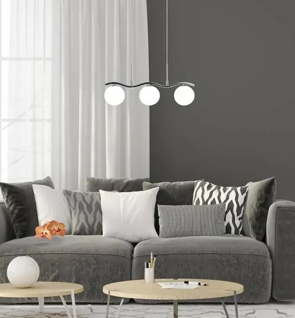 Lampa chromowa wisząca z trzema kloszami listwie na falistej N9-F83