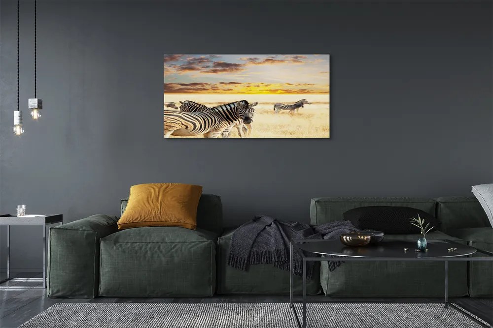 Obraz na płótnie Stado Zebr o Zachodzie Słońca