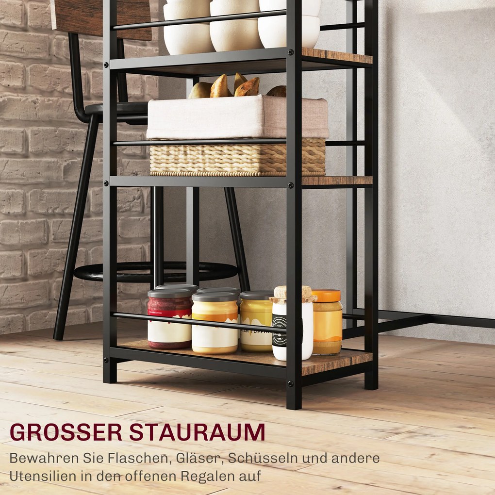 HOMCOM 3-częściowy zestaw do jadalni z ladą barową i 2 krzesłami, Mały zestaw kuchenny z bocznymi półkami, MDF, metal, czarny