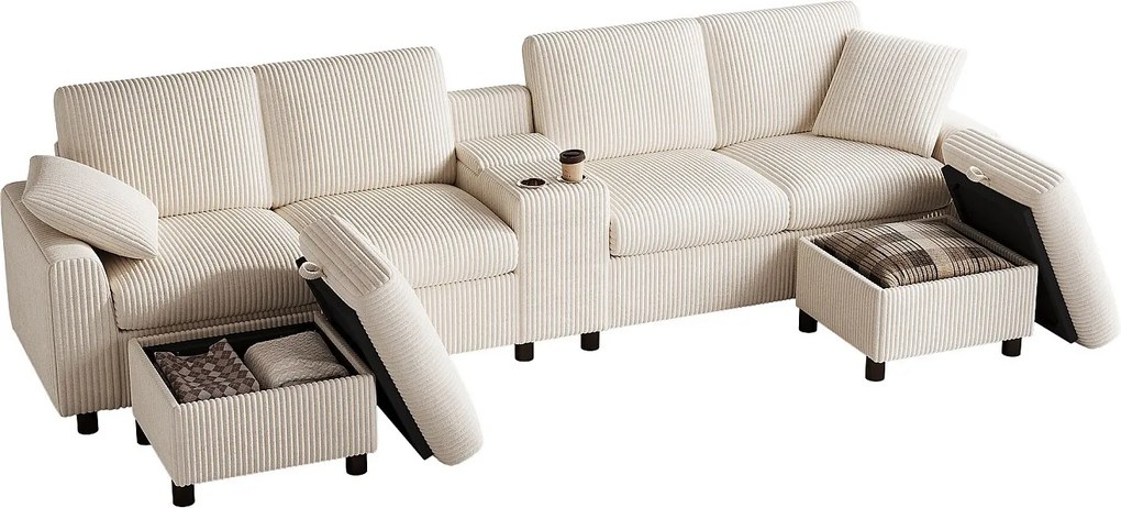 Nowoczesna narożna kanapa w kształcie U - z USB i Type-C - z 2 podnóżkami z funkcją przechowywania - z 2 uchwytami na kubki - welur żebrowany - Beżowy