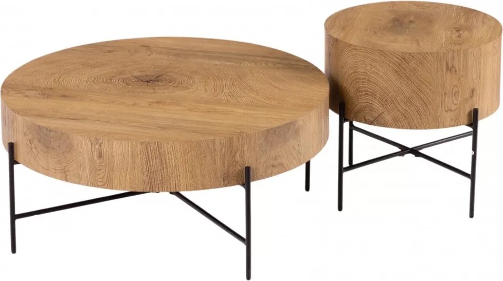 Zestaw stolików kawowych okrągłych Liviano 80 i 45 cm - dąb naturalny / czarny