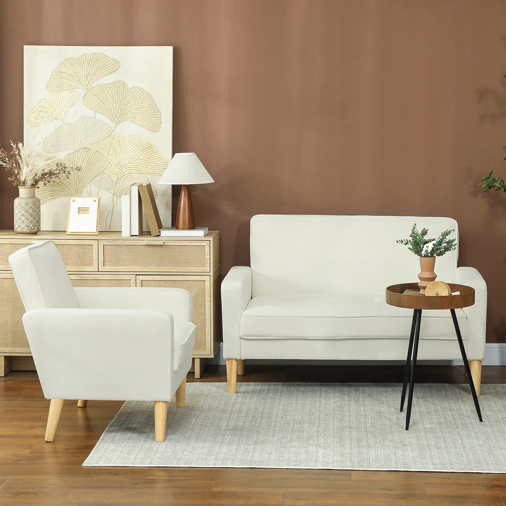 HOMCOM Sofa 2-osobowa, podwójna sofa z nogami z kauczukowego drewna, tapicerowana sofa do salonu, sypialni, kremowobiała