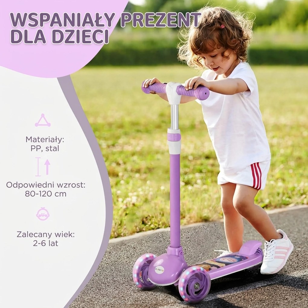 AIYAPLAY hulajnoga dziecięca, koła LED, płynna jazda, regulowana wysokość, tworzywo sztuczne, stal, fioletowy