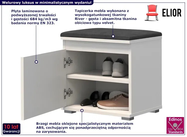 Szafka na buty z welurowym siedziskiem biały + szary - Venix 5X